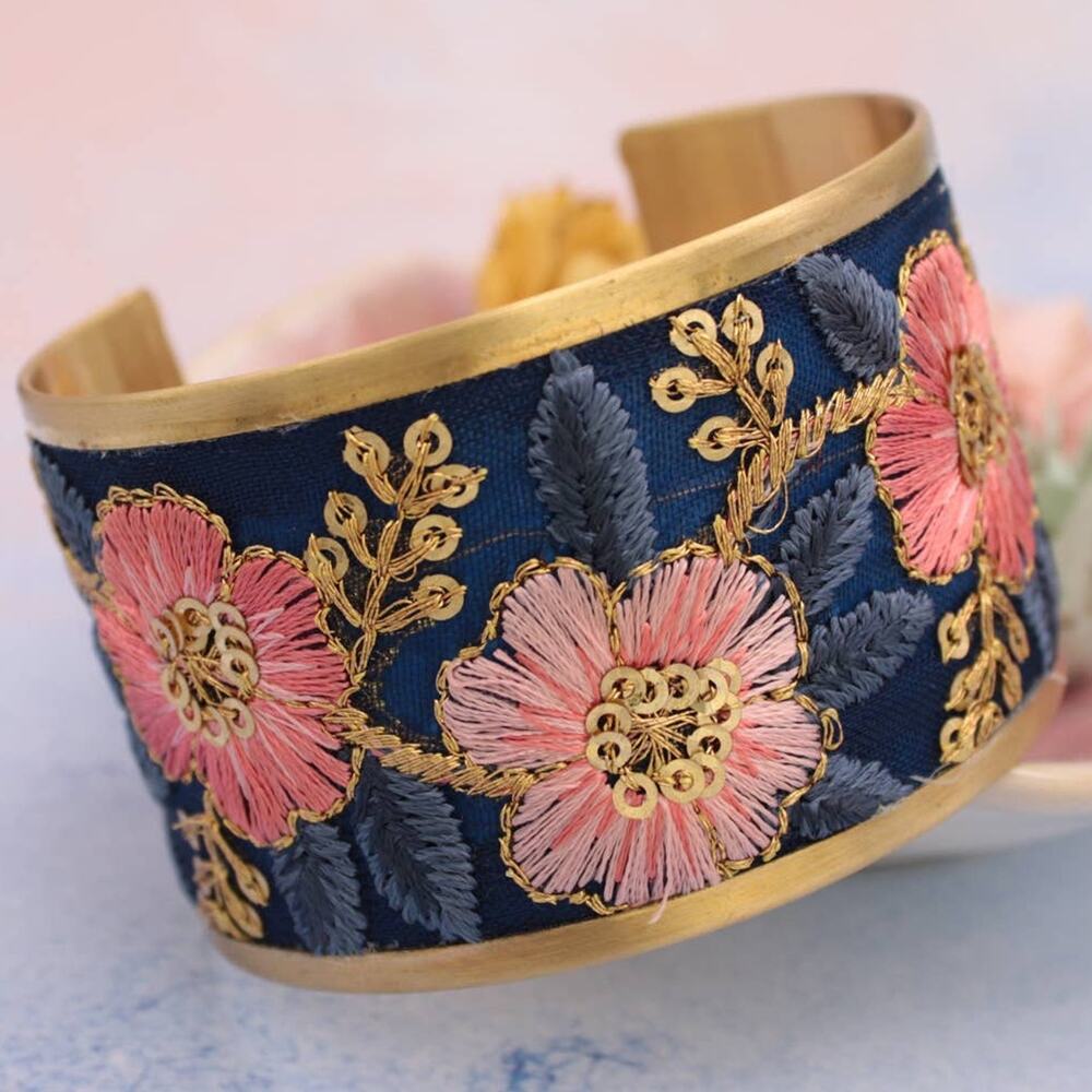 Vintage Embroidered Ribbon Cuff Bracelet Pink Blue Gold Tone